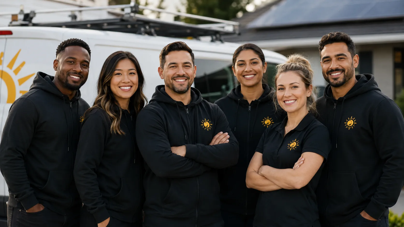 The Solar Today installation team in branded hoodies by the company van
